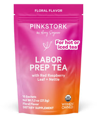 Pink Stork Labor Prep Tea packaging showing 15 biodegradable sachets