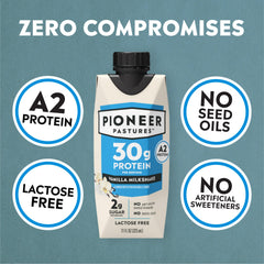 Pioneer Pastures A2 Milkshake Vanilla nutrition label shows 30g protein per serving.