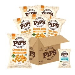 Pipcorn Cheddar Cheese Balls bag with baked cheddar crunch and 4.5 oz serving.