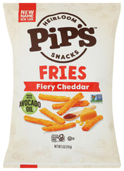Pips Fries Fiery Cheddar pack shot highlighting premium ingredients and bold flavor.