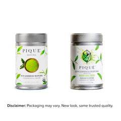 PIQUE Organic first-harvest matcha powder, bright emerald color ideal for lattes and smoothies.