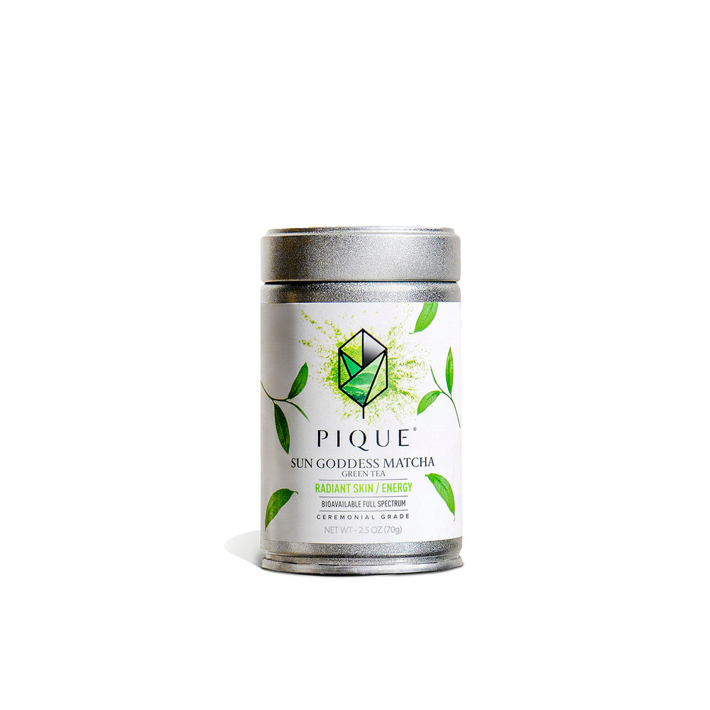 PIQUE Sun Goddess Matcha tin, vibrant ceremonial-grade powder for calm focus and energy.