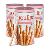 Pirouline Strawberry wafers in tin show the original swirl and crispness.