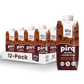 Pirq 21g Dairy-Free chocolate shake bottle ready for on-the-go fueling.