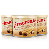 Pirucream rolled wafers close-up showing crisp crunch and chocolate hazelnut filling.