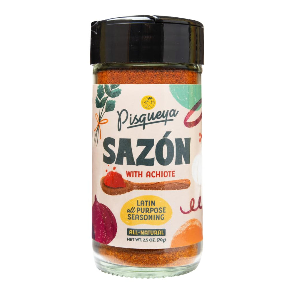 Pisqueya Organic Sazon seasoning in achiote bottle adds bold flavor and color.
