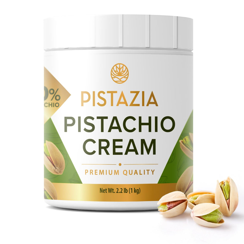 Pistazia Pistachio Cream 1kg jar on kitchen shelf for family servings.