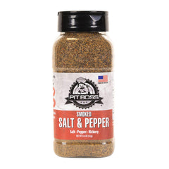 Pit Boss smoked salt and pepper rub bottle pour shows bold smoky seasoning