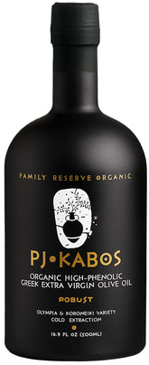 P.J. KABOS Very High Phenolic Olive Oil bottle highlighting robust flavor potential.
