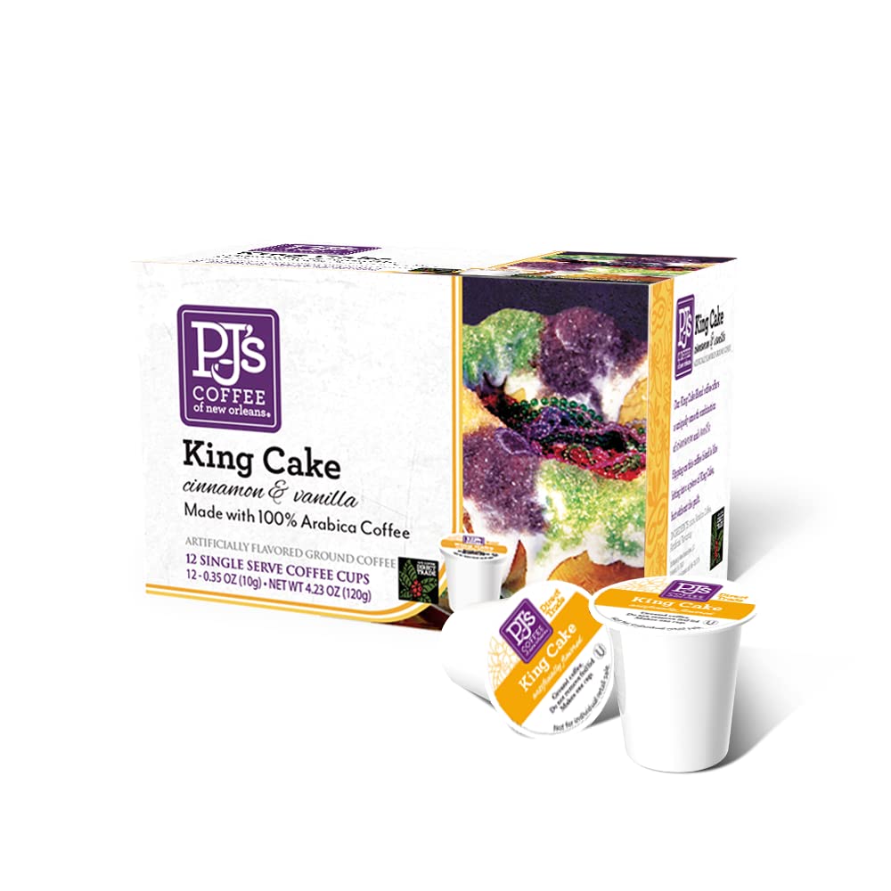 PJ's King Cake Cups box with 12 single-serve pods for quick mornings.