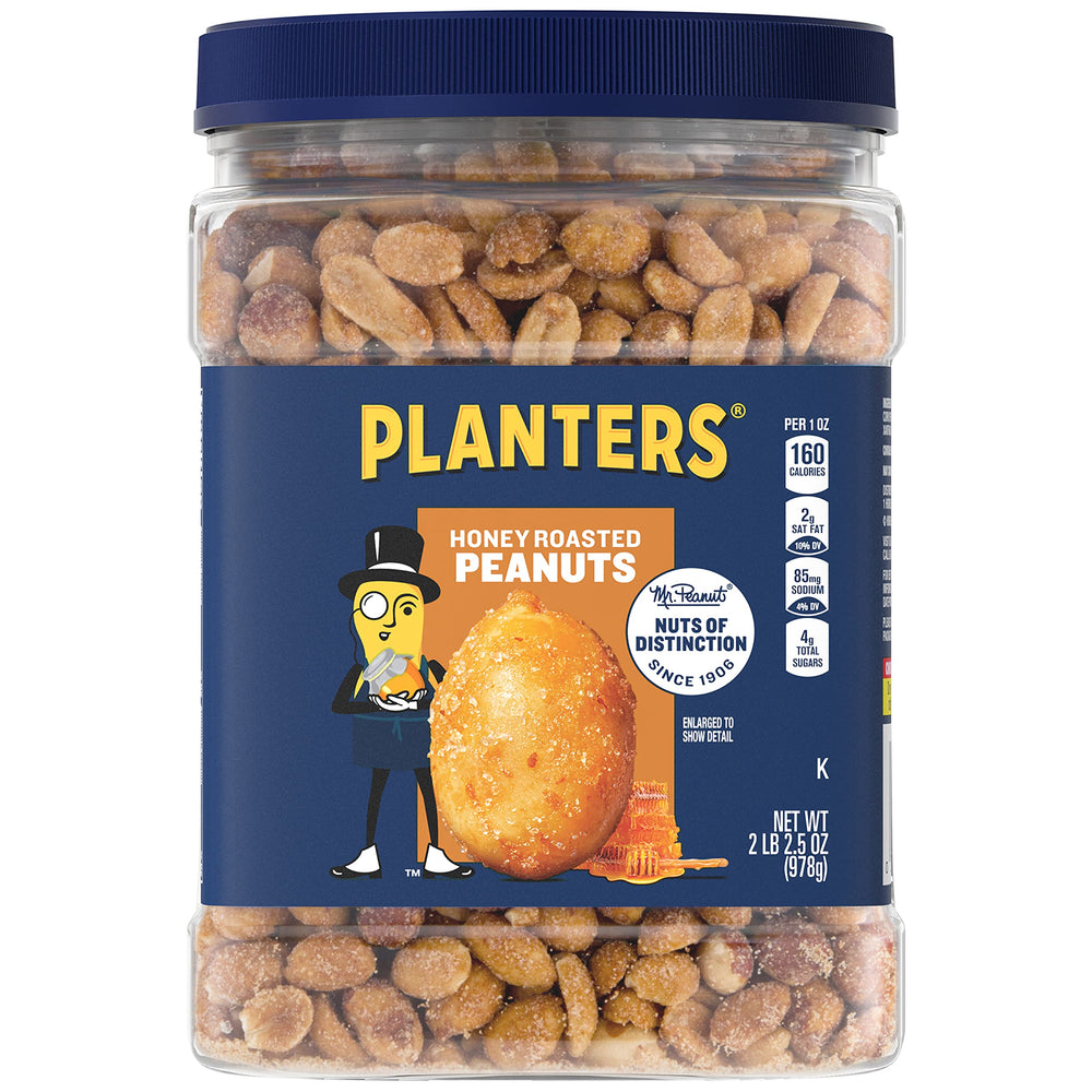 PLANTERS Honey Roasted Peanuts jar closeup, premium snack ready for sharing.