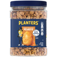 PLANTERS Honey Roasted Peanuts jar closeup, premium snack ready for sharing.