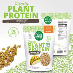 Plant Basics Hearty Plant Protein Crumbles cooking in broth demonstrates quick, flavorful seasoning.