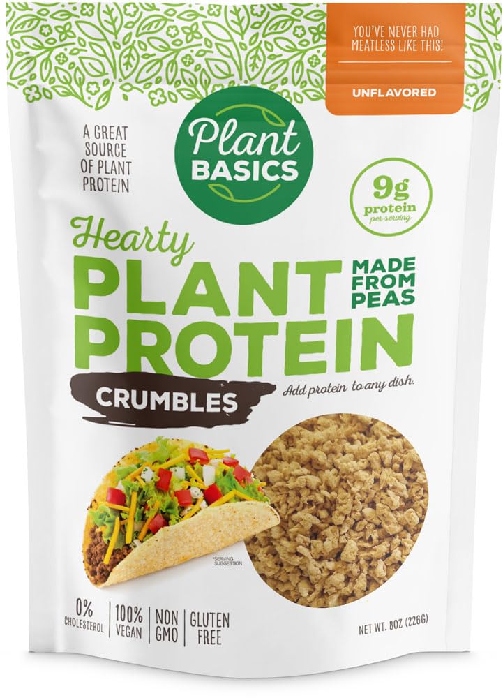 Plant Basics Hearty Plant Protein Crumbles packaging showcases a versatile vegan meat substitute for easy meals.