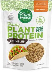 Plant Basics Hearty Plant Protein Crumbles packaging showcases a versatile vegan meat substitute for easy meals.