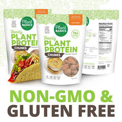 Plant Basics Hearty Protein chunks in sauce; hearty vegan meals.