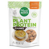 Plant Basics Hearty Protein unflavored chunks packaging; versatile protein for any recipe.