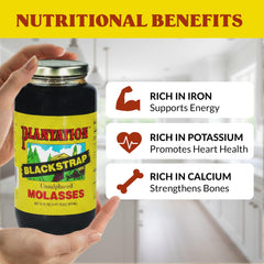 Plantation Organic Blackstrap Molasses jar closeup, premium unsulphured flavor.