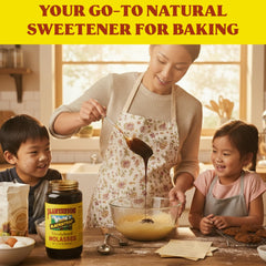 Plantation Organic Blackstrap Molasses labeled back, nutritional details at a glance.