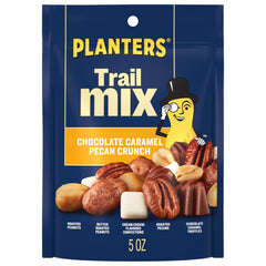 Planters Caramel Pecan Crunch Trail Mix bag close-up, energizing snack for busy days.