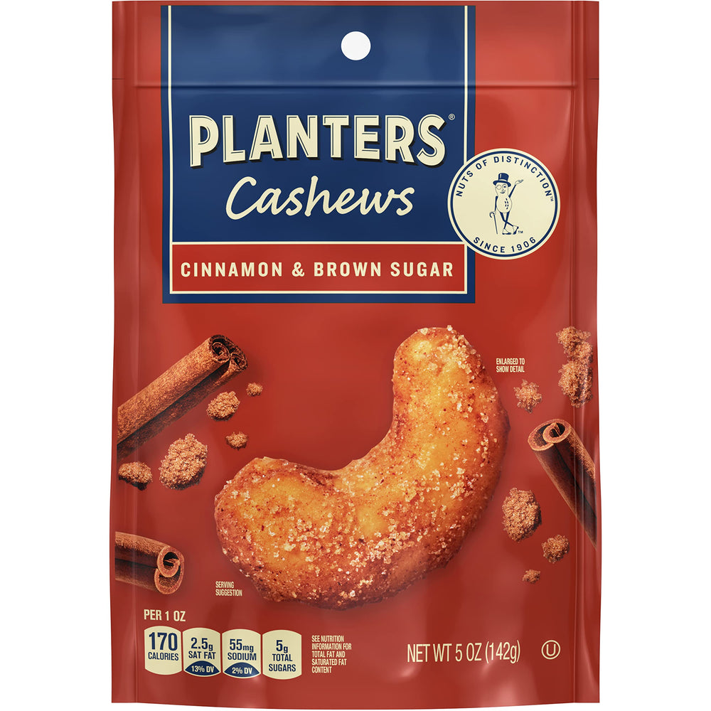 PLANTERS cashews cinnamon and brown sugar snack pack closeup with glossy candied coating for sharing