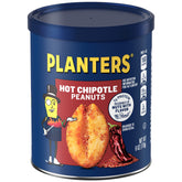 Planters Chipotle Peanuts 6 oz can side view showing spicy smoky crunch for snacking.