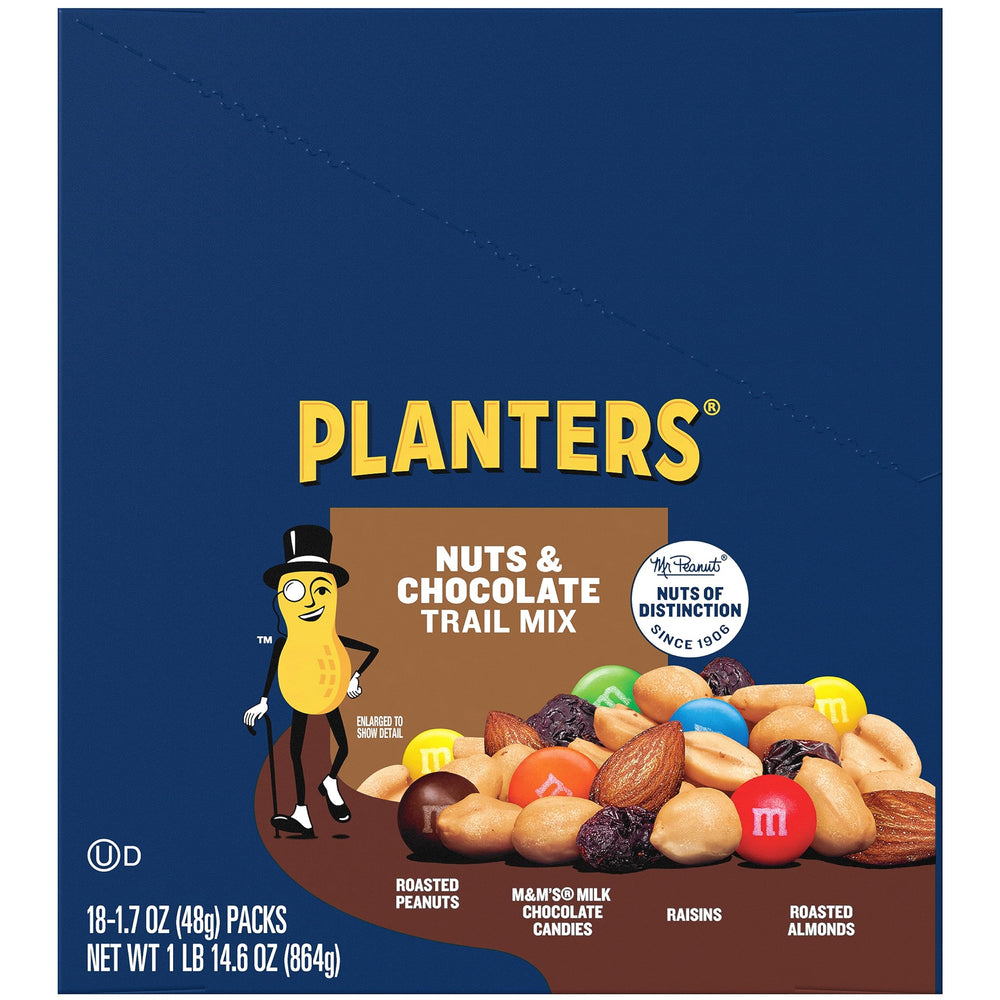 Planters Chocolate Trail Mix Nuts bag front – convenient on-the-go snack appeal.