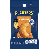 Planters Deluxe Honey Roasted Cashews bag front with crispy, honey-kissed nuts for on-the-go snacking.
