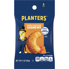 Planters Deluxe Honey Roasted Cashews bag front with crispy, honey-kissed nuts for on-the-go snacking.