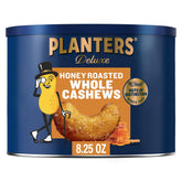 PLANTERS Deluxe Honey Roasted Cashews canister close-up showing airtight freshness for easy snacking.
