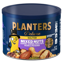 Planters Deluxe Mixed Nuts canister front view, resealable packaging for fresh snacking.