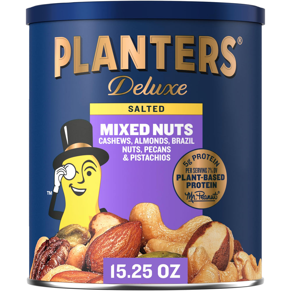 PLANTERS Deluxe Mixed Nuts with roasted cashews, ideal on-the-go protein snack.