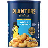 Planters Deluxe Salted Whole Cashews canister with creamy crunch and reseal for fresh snacking