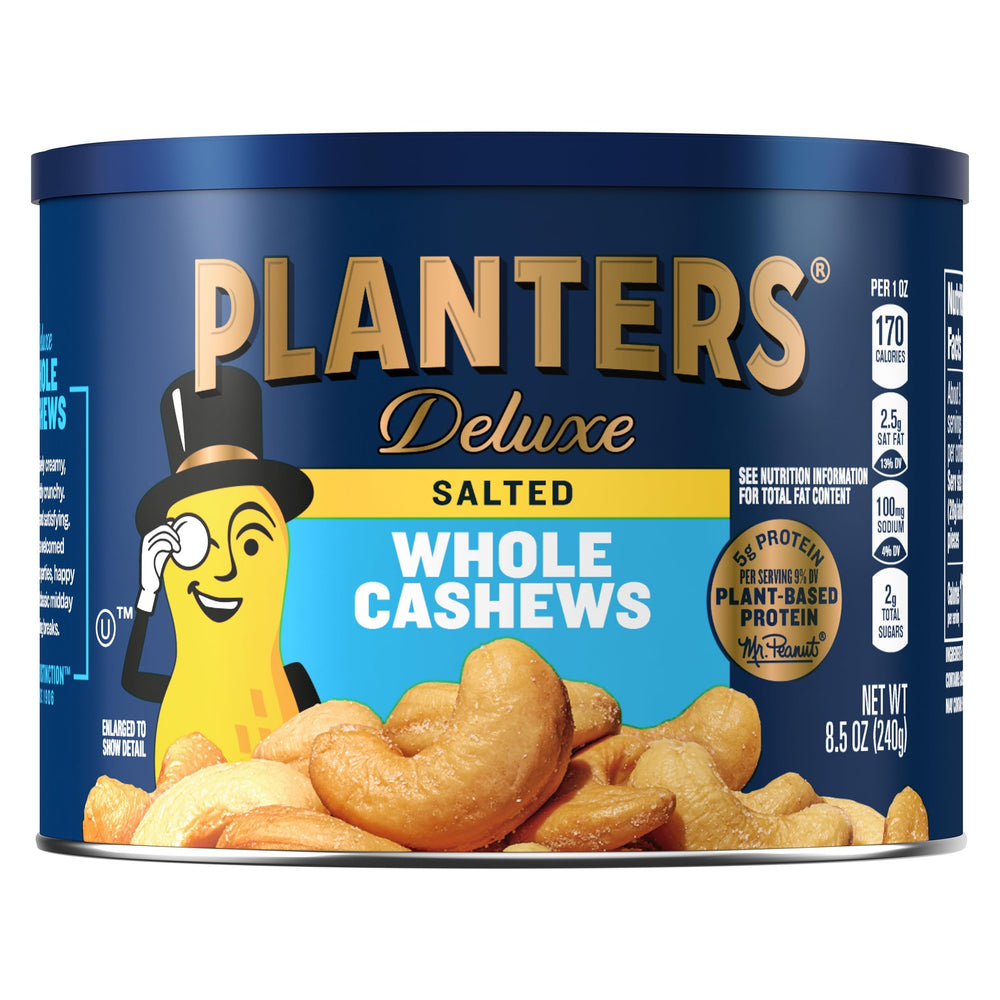 Planters Deluxe Salted Whole Cashews packaging for on-the-go snacking