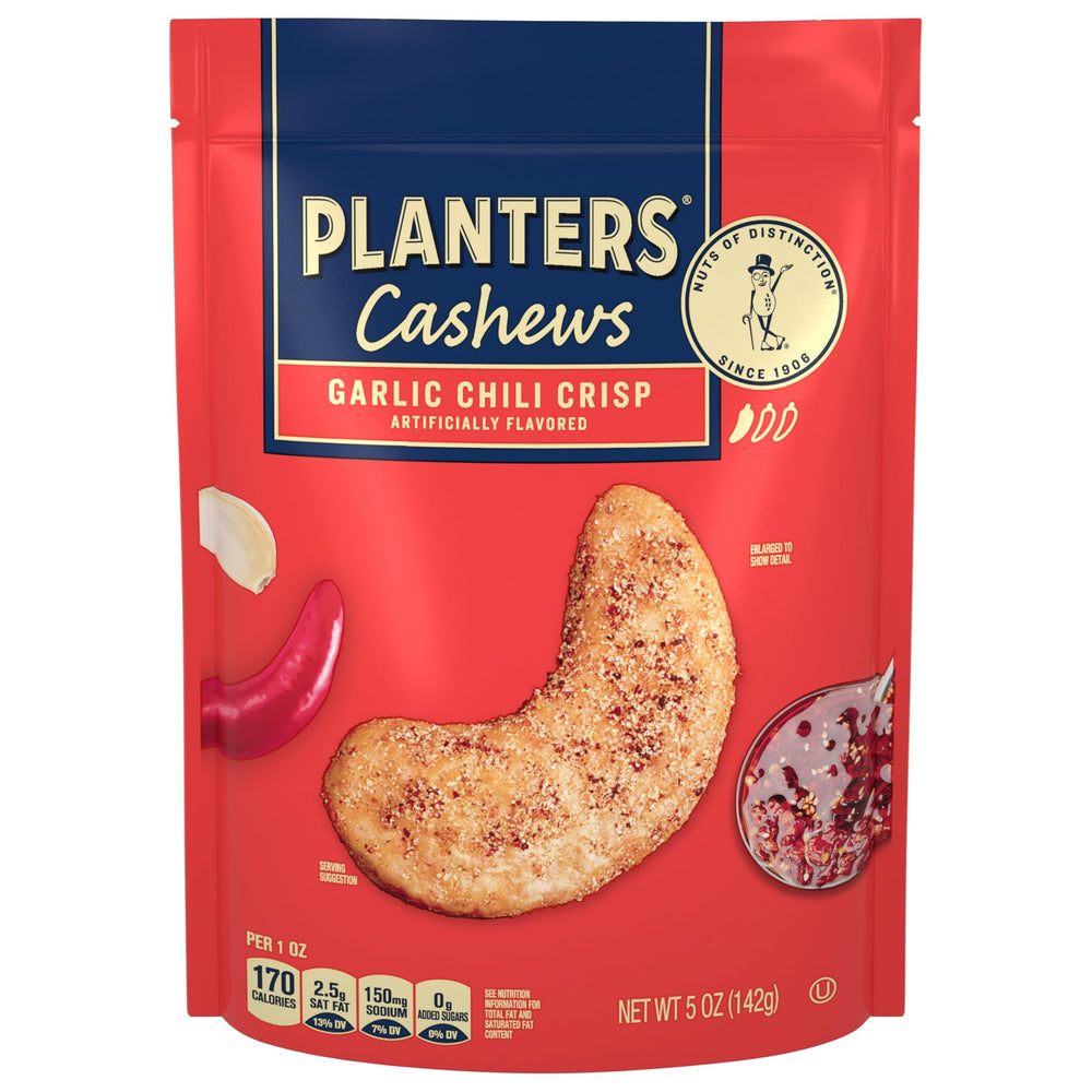 Planters Garlic Chili Crisp Cashews bag; bold flavor for entertaining and everyday snacking.