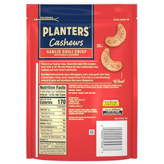 Planters Garlic Chili Crisp Cashews close-up; creamy roasted texture with a spicy kick for snacking.