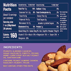 Open Planters Honey Roasted Mixed Nuts canister reveals rich, honey-coated crunch.