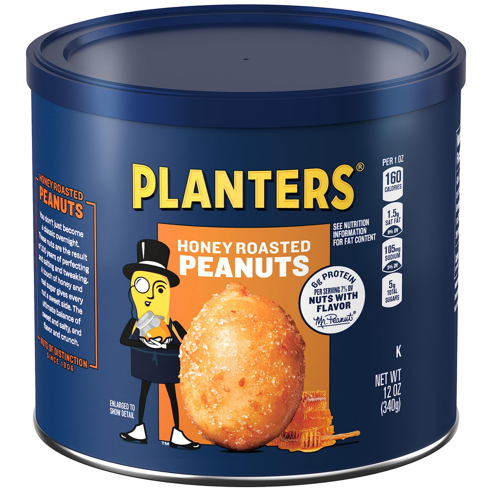 Planters Honey Roasted Peanuts jar front view showing resealable lid for freshness