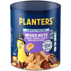 Planters Lightly Salted Mixed Nuts bag close-up shows crunchy texture and nut variety.