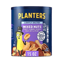 Planters Lightly Salted Mixed Nuts roasted almonds and cashews for a rich, savory crunch.