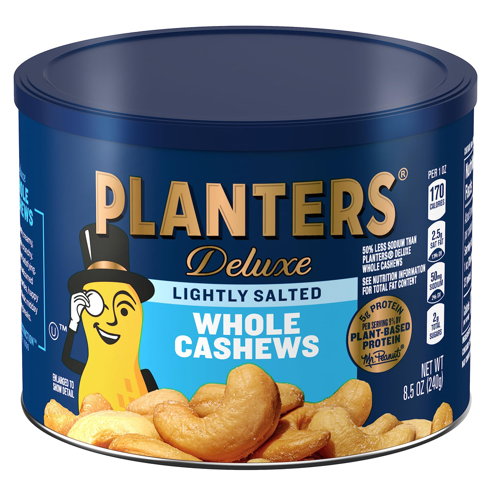 Planters Lightly Salted Whole Cashews in 8.5 oz canister for fresh snacking
