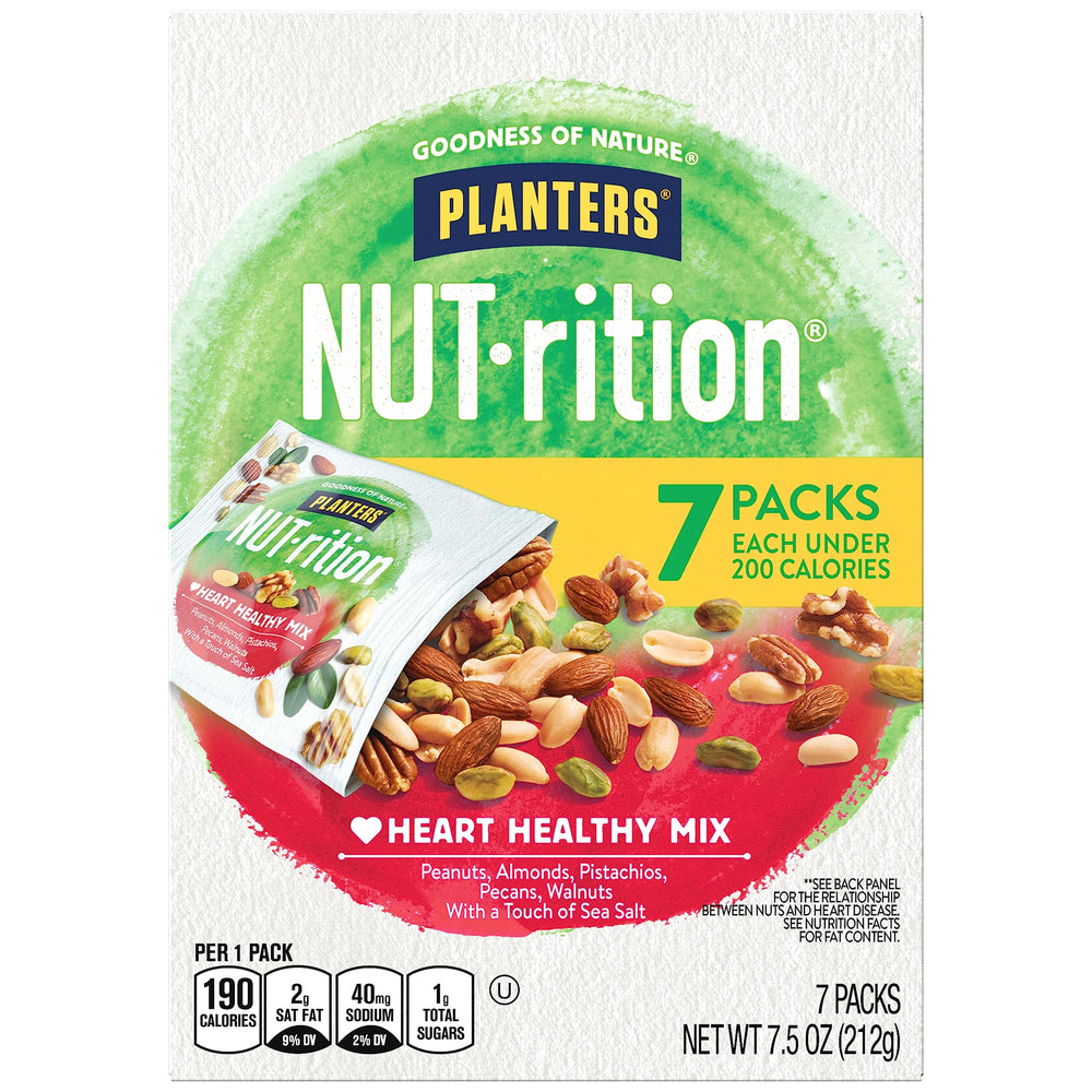 Planters NUT-rition Heart Healthy Mix box with walnuts for on-the-go snacking.