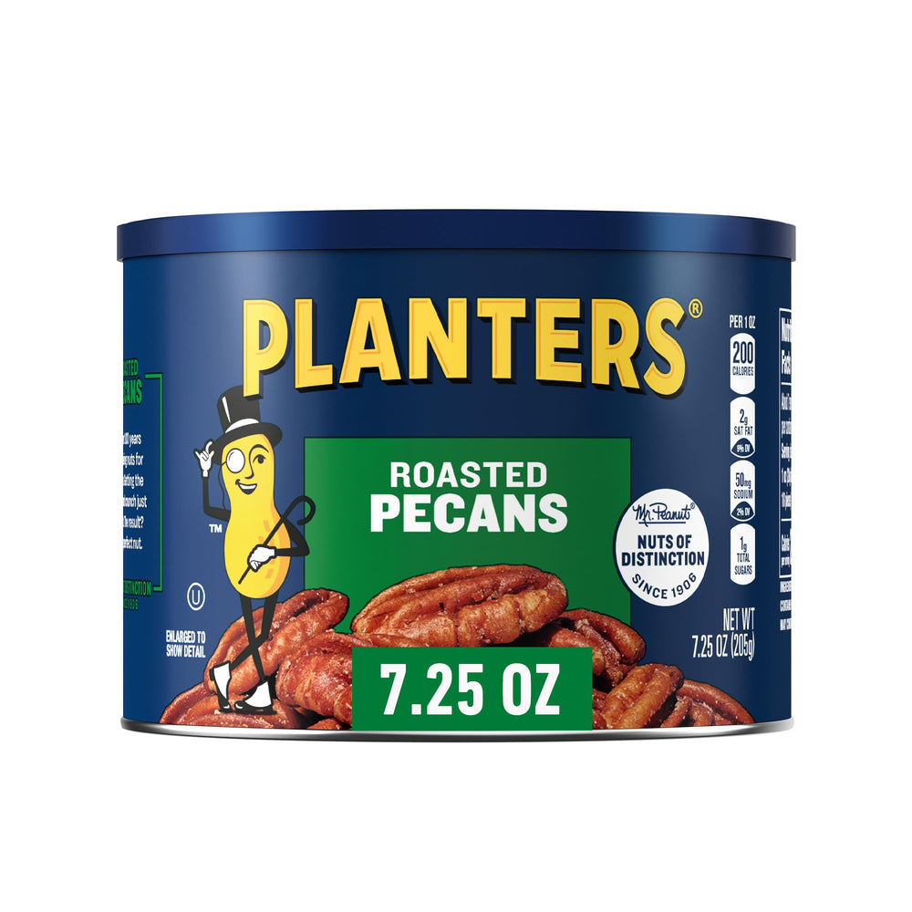 PLANTERS Roasted Pecans canister front with resealable lid for freshness