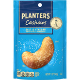 Planters Salt and Vinegar cashews bag front, tangy crunch ideal for on-the-go snacking.