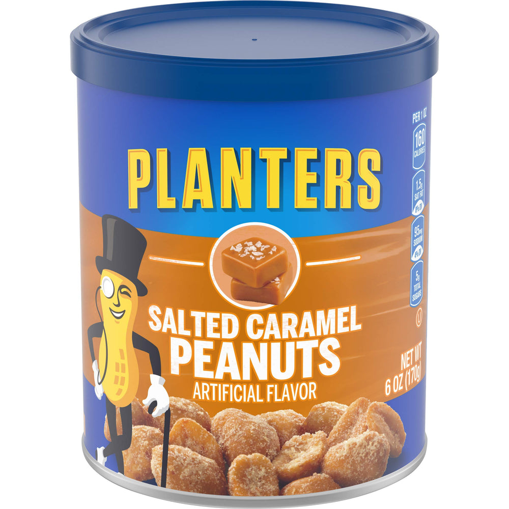 Planters Salted Caramel Peanuts jar front view, a convenient 6 oz snacking canister