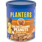 Planters Salted Caramel Peanuts jar front view, a convenient 6 oz snacking canister
