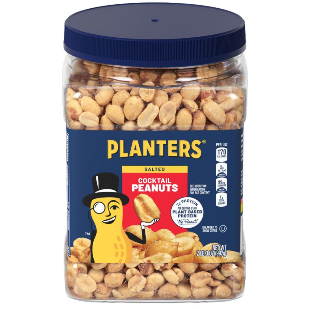 Planters Salted Cocktail Peanuts in a jar, ready-to-serve party snack.
