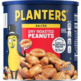 Planters Salted Dry Roasted Peanuts jar close-up, showcasing rich aroma and airtight freshness.