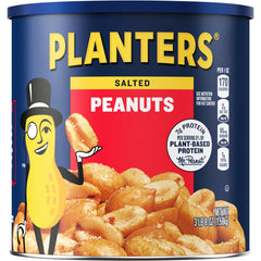 Planters Salted Peanuts six-canisters stack shows pantry convenience and protein-ready snacking