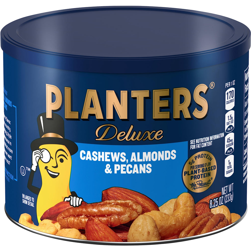 Planters Select Cashews Almonds Pecans canister with reseal lid preserves freshness.